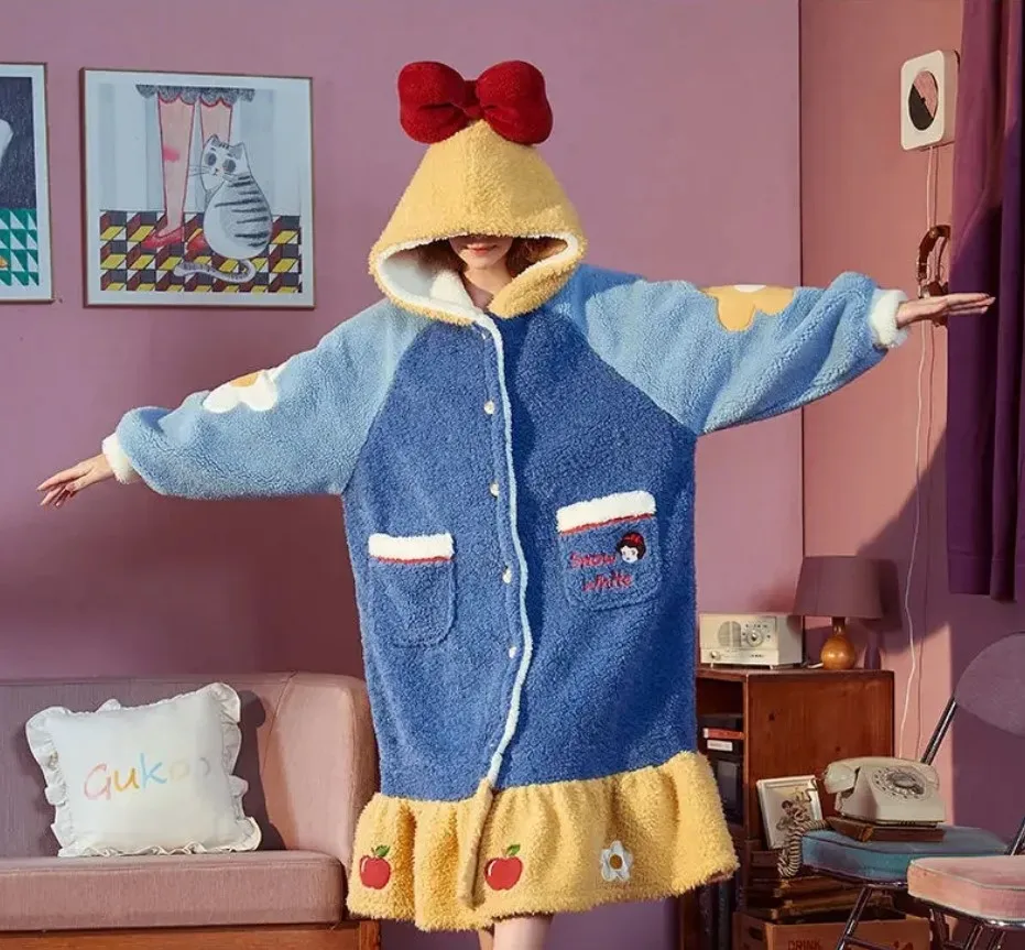 Disney Snow White Princess Kigurumi Pajama Set Winter Lady Cosplaly Nightgown Home Suit Hooded Cartoon Nightdress Pijama