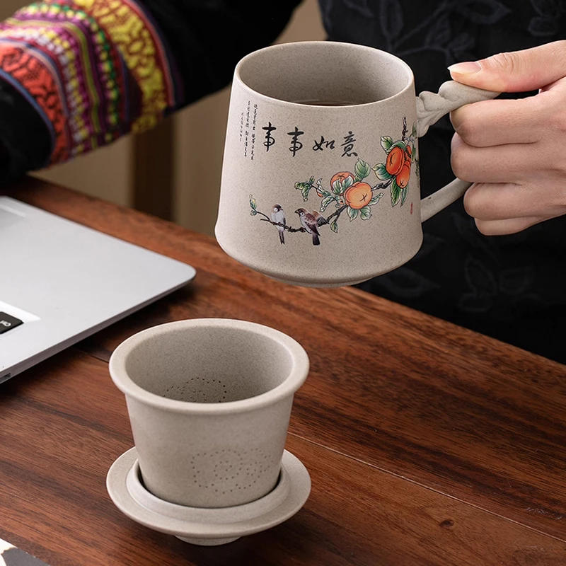 Chinese Style Cartoon Persimmon Pattern Mug, Home Personal Office Cute Teacup With Cover Creative Separated Tea Cup for Tea, 1Pc