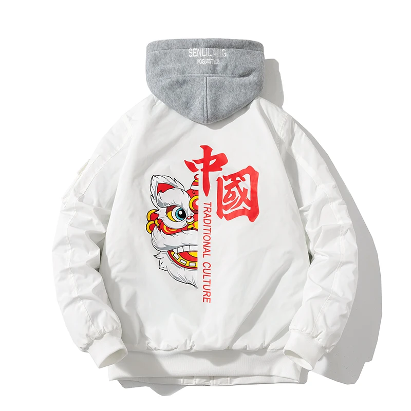 

Winter Bomber Jacket Men Women Print Basketball Jacket Hooded Retro Chinese Lion Loose Couple Coat Parkas Casual Men Clothing