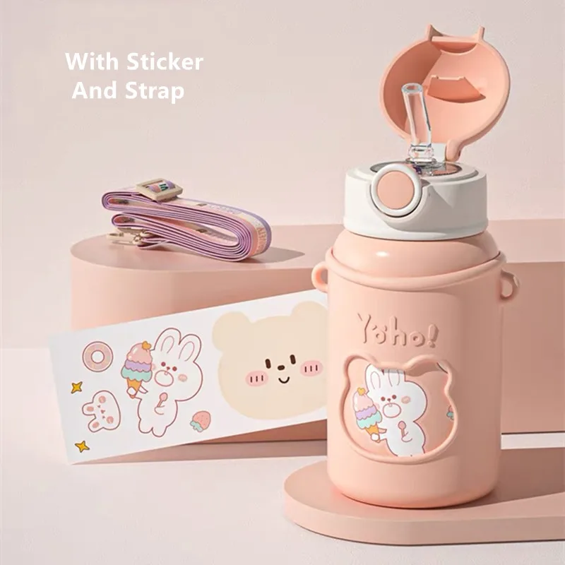 New 350ml 450ml Kids Cartoon 316 Stainless steel thermos cup with straw  children breakfast drinking thermos milk coffee cup