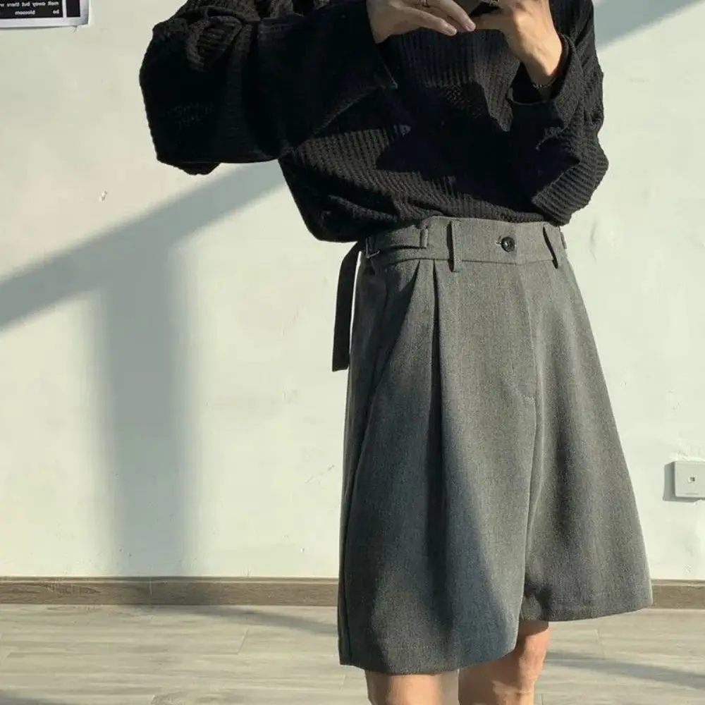Fashion Casual Shorts Men Summer Korean Chic Wide Leg Trousers Male Knee-length Sashes Draped Loose Retro Popular High Street 3
