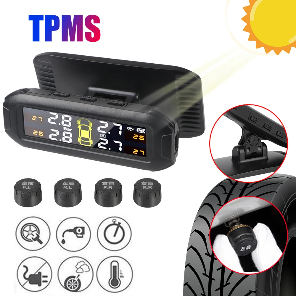 

Car Tyre Pressure Monitor Temperature Warning Fuel Save With 4 External Sensors Solar TPMS Tire Pressure Monitoring System