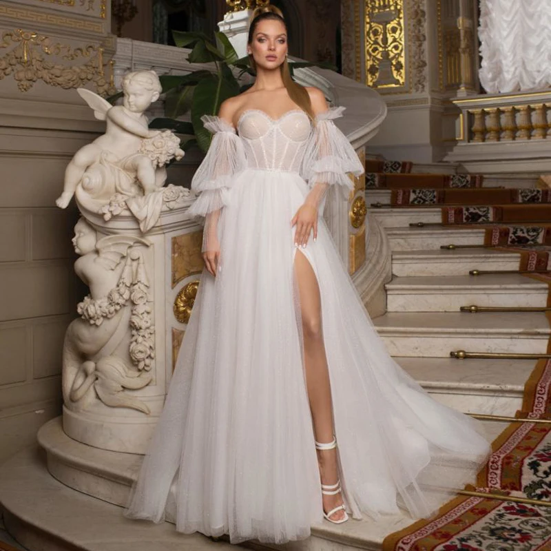 

Sweetheart Illusion Detachable 3/4 Sleeve Slit Tulle Pleat Lace Up A-Line Wedding Dress Bridal Gown Vestido De Noiva