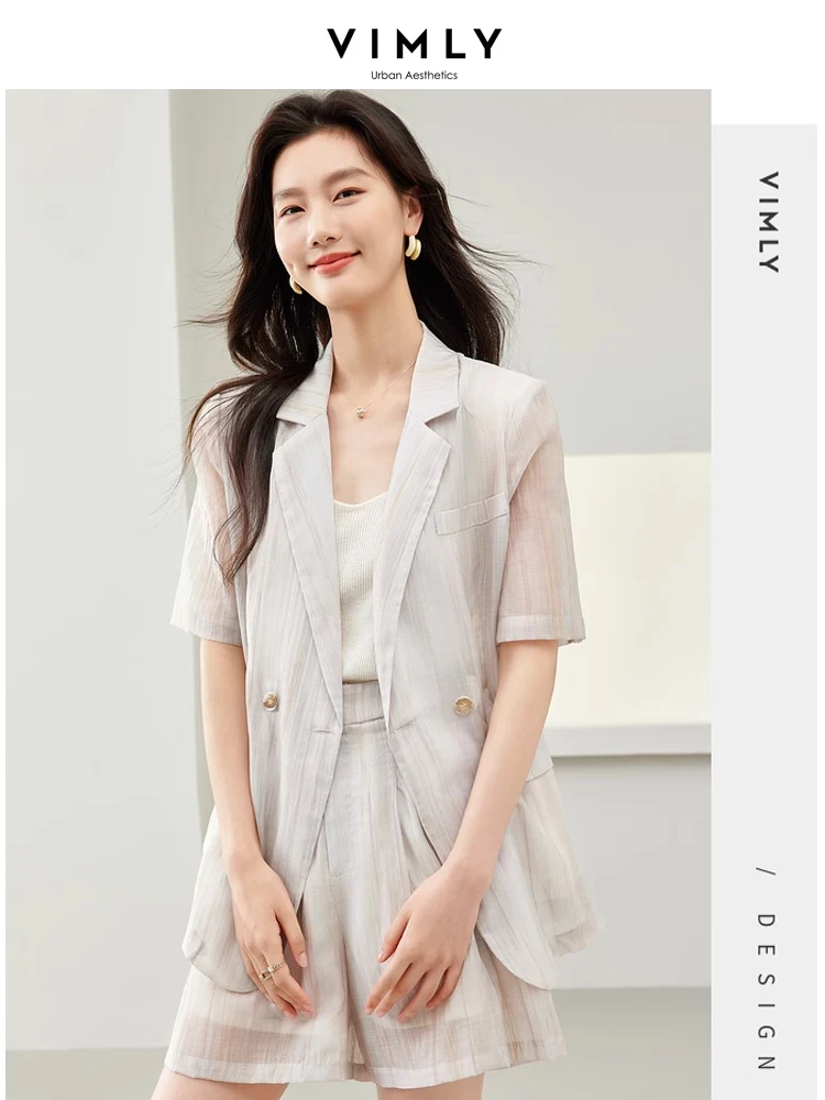 Vimly Thin Lyocell Blend Blazer Suit Women Summer Outfits 2024 Short Sleeve Suit Jacket Elastic Waist Shorts Two Piece Set 30076
