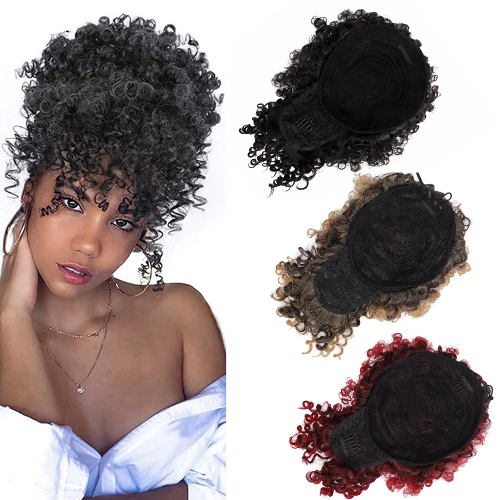 

Afro Puff Drawstring Ponytail with Bangs Pineapple Updo Hair for Black Women, Short Kinky Curly Ponytail Bun