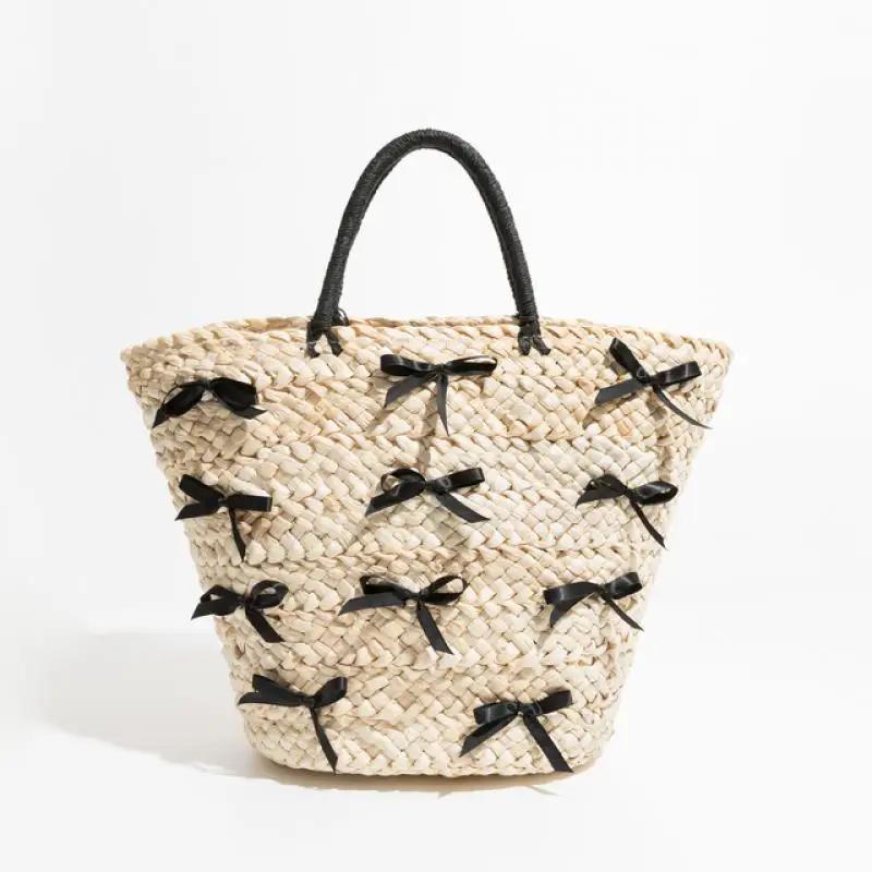 

Casual Butterfly Knot Straw Basket Bag Handmade Woven Women Handbags Summer Beach Bags Large Tote Bag Bali Vacation Purses 2024