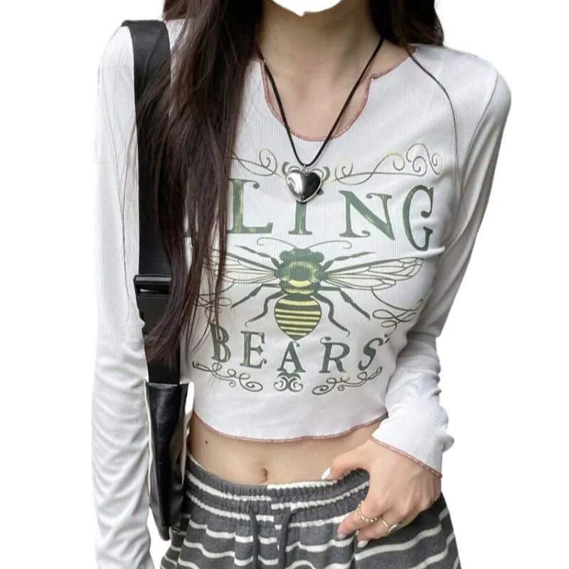 

Винтажная женская футболка Gaodinglan с волнистыми краями и длинным рукавом, осенне-зимние креативные топы с V-образным вырезом и принтом, Корейская Пряная женская укороченная футболка