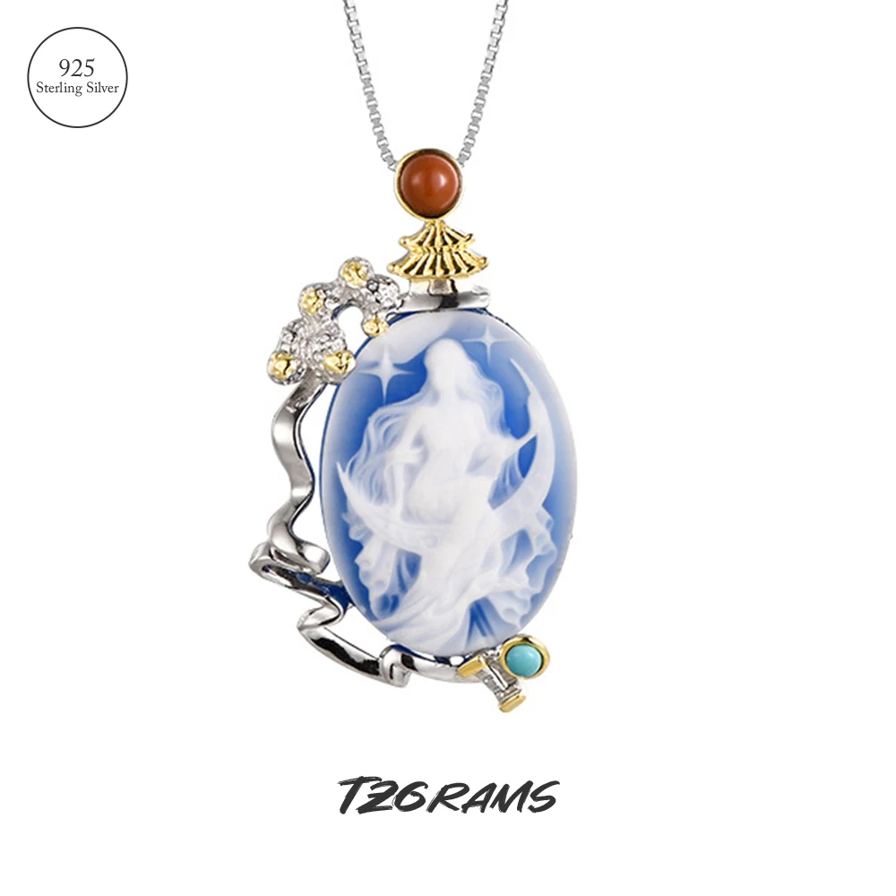 

TZgrams Goddess Cameo Pendant Unique Design Portrait Blue Agate White Shell Pendant for Women Jewelry Birthday Party Gift