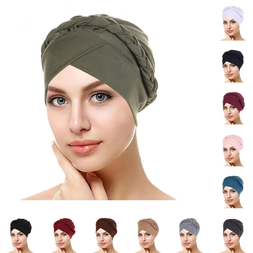 

Women Bohemian Style Handmade Braid Turban Head Wrap Twist Bandana Solid Color Head Scarf Inner Hijabs Femme Musulman Turbantes