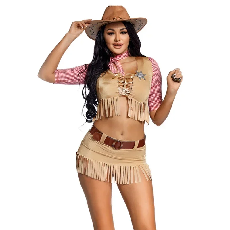 

Lady Sexy Steampunk West Cowboy Costume Retro Tribe Tassels Huntress Split-type Outfit Cosplay Fancy Halloween Party Dress