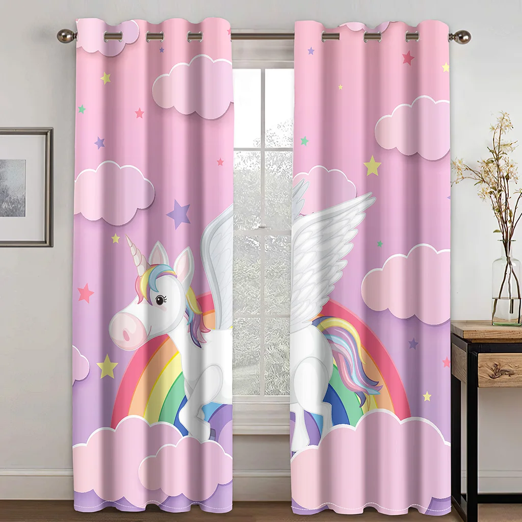 

New Cute Cartoon Pink Unicorn Rainbow 3D Printed Thin Curtain for Children Girls Bedroom Window 2 Panel 65% Shading Sunscreen