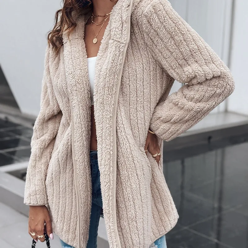 

2024 Spring Autumn New Women's Clothing Solid Color Hooded Plush Cardigan Jacket