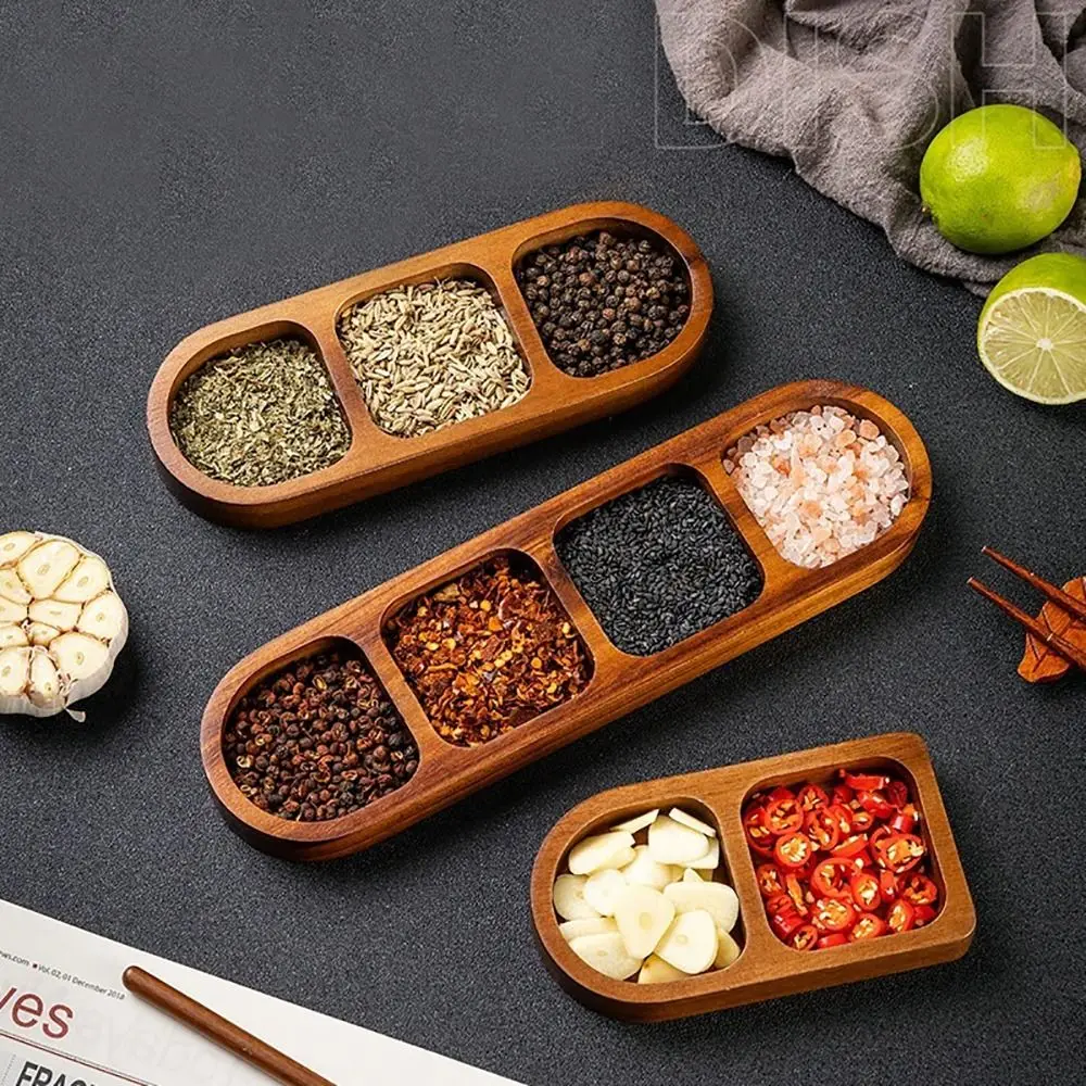 1Pcs Durable 2/3/4 Grids Solid Wood Tray Wooden Retro Seasoning Tray Spice Dish Kitchen Dinner