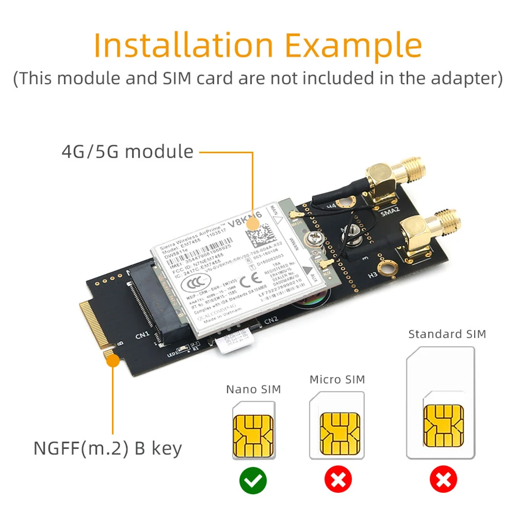 M.2 B Key To NGFF M.2 B+M Key Adapter - 4G/5G Network Card Module With SIM Slot