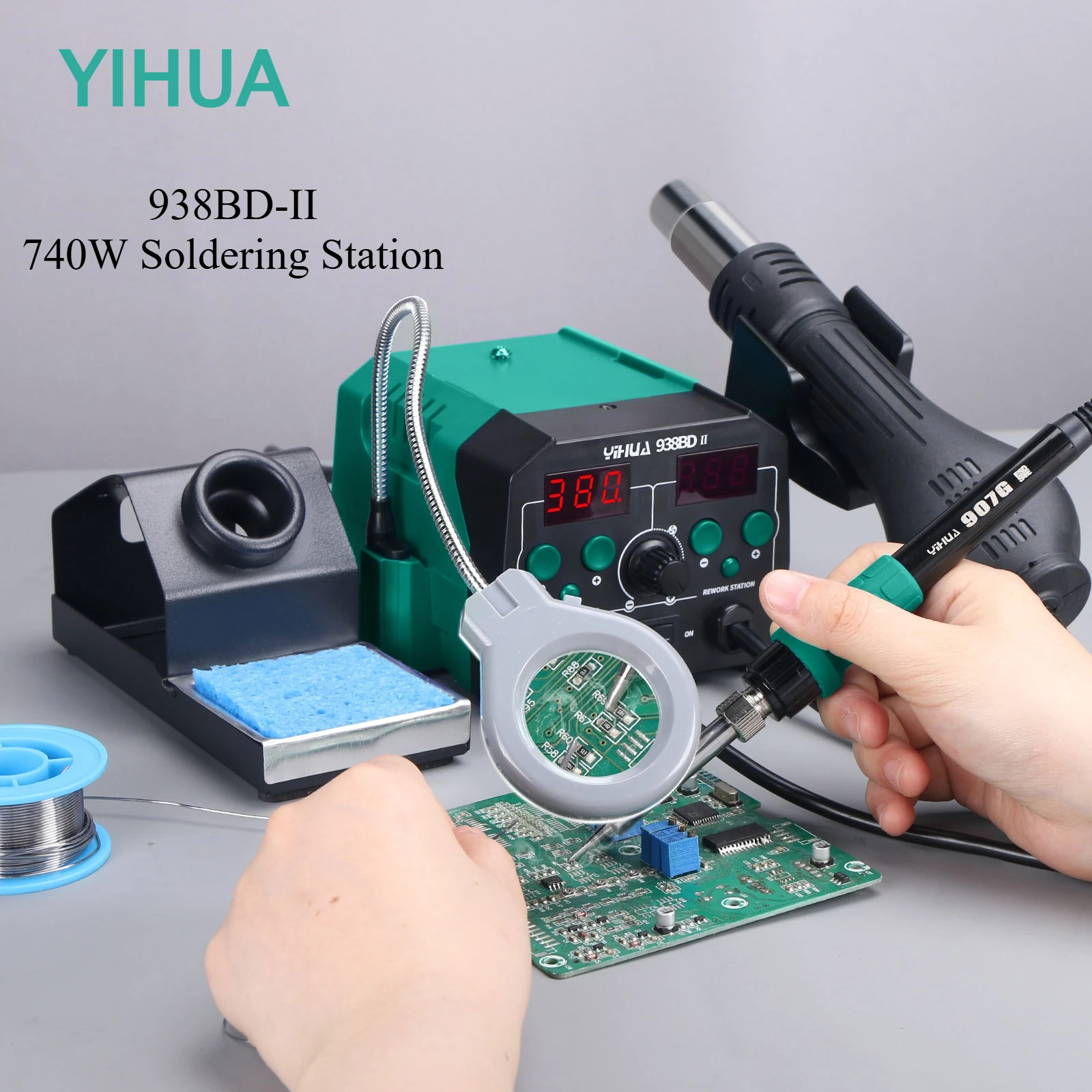 YIHUA 938BD-II 2in1 납땜 스테이션 (열풍기 포함) 740W SMD 납땜 인두 디솔더링 스테이션 LED 디스플레이 용접기 스테이션