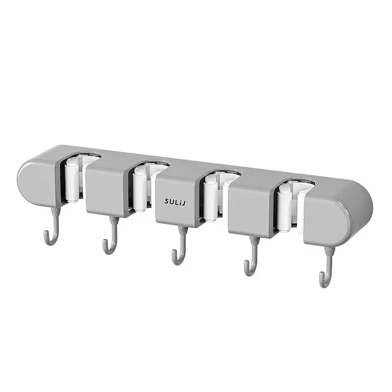 Mop Clamp Storage Rack Wall-mounted Perforation-free with 5pcs Hook Fixed Rack Bathroom Kitchen Door Cleaning Tool Storage Rack 6