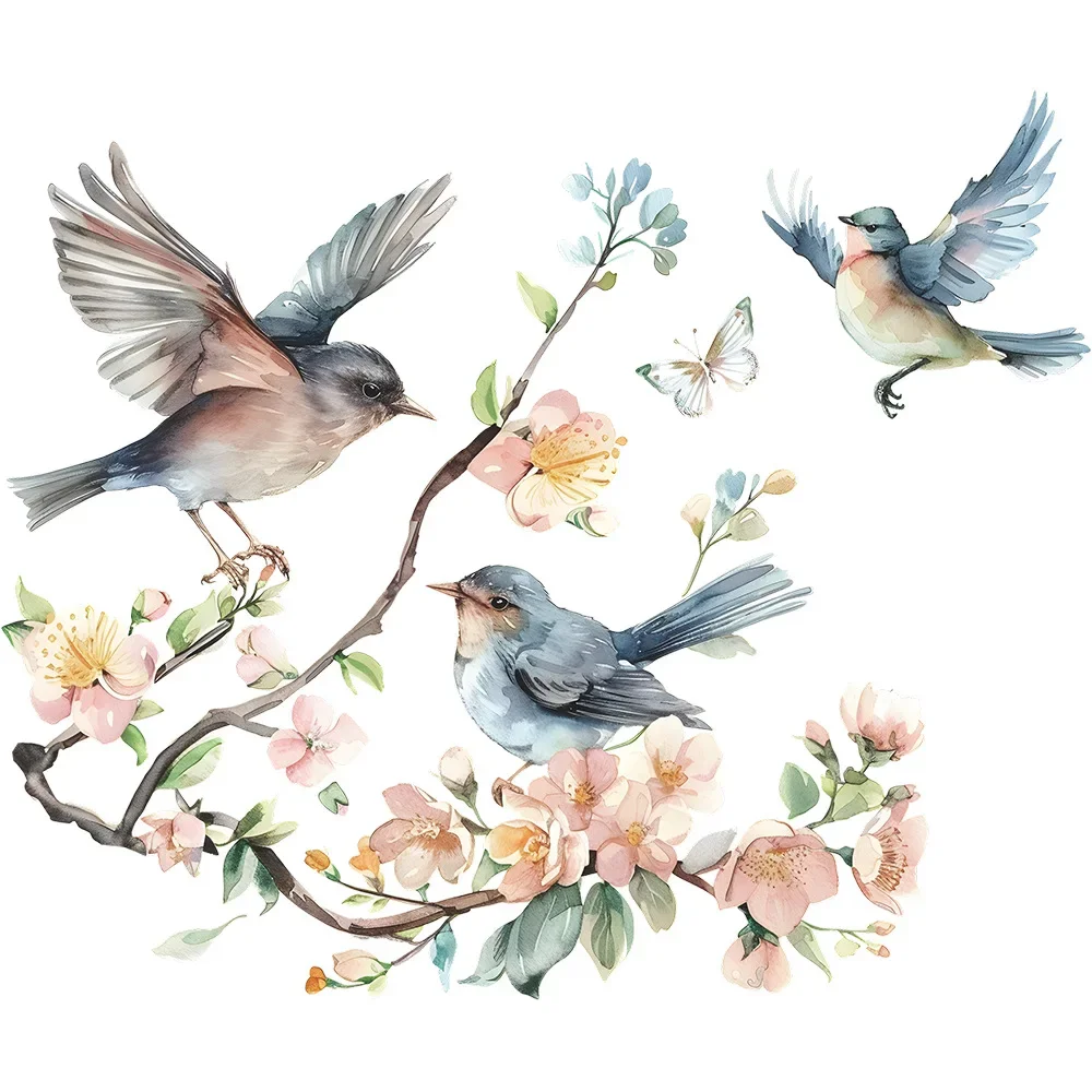 Peach Blossom Twig Bird Glass Window Home Landscaping Decoration Electrostatic Uv Window Sticker Full Body Mirror 1PCS