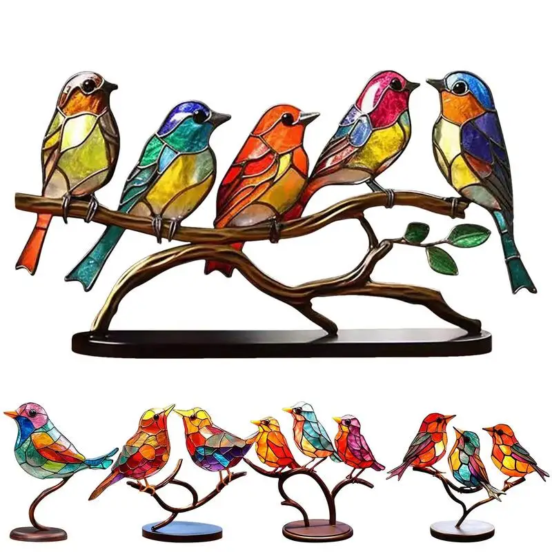 Decorazione Per Uccelli Da Tavolo In Stile Moderno Double Sided Multicolor Style Bird Creative Stained Glass Birds On Branch Desktop Ornament