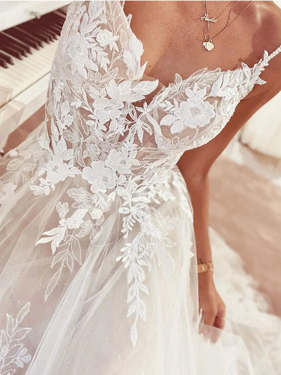 

Lace Appliques Backless Wedding Dress for Women Sweep Train Spaghetti Strap 2023 Vestido Civil Boho robe de mariée