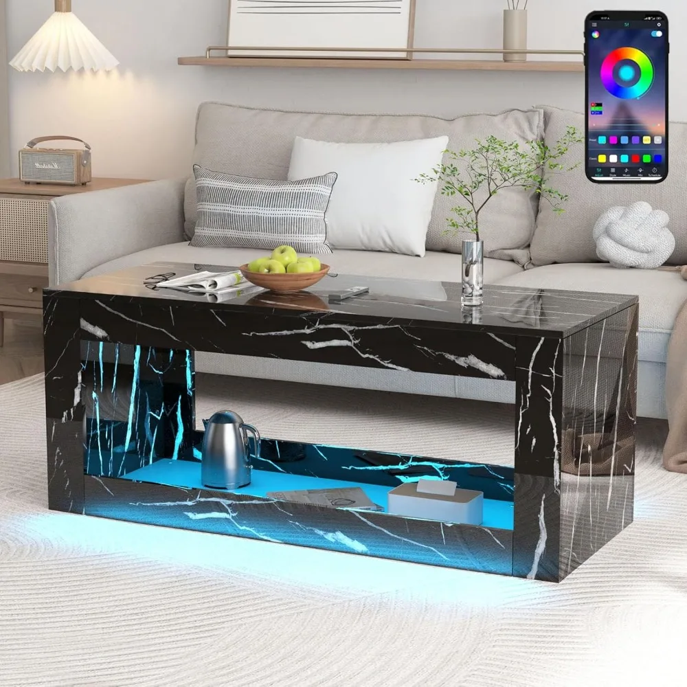

Coffee Table, Modern LED, High Gloss with APP Control, Large Coffee Table with Marbling Print, Coffee Table
