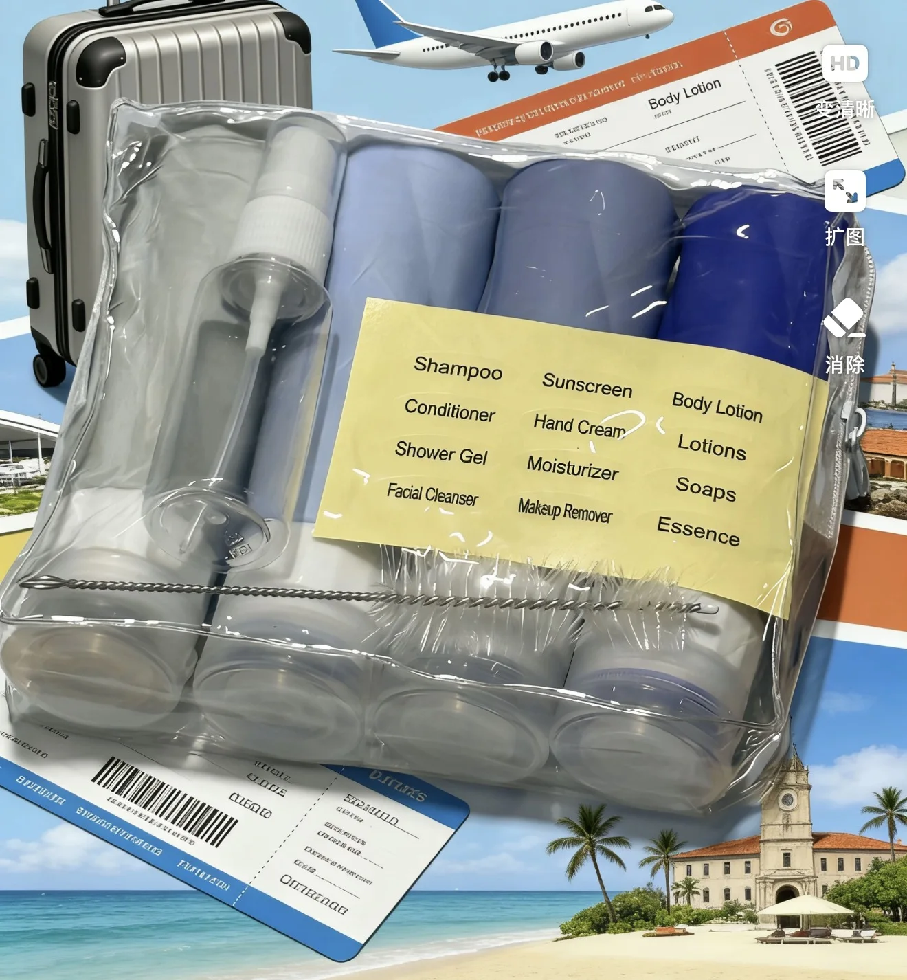Deluxe Travel Toiletry Kit – Complete with Cleaning Brush, Stylish Travel Sticker, Handy 30ml Spray Bottle, Versatile Toiletry Bag, and Four 90ml Refillable Containers – Ideal for Cruises, Vacations, and Holiday Gifting