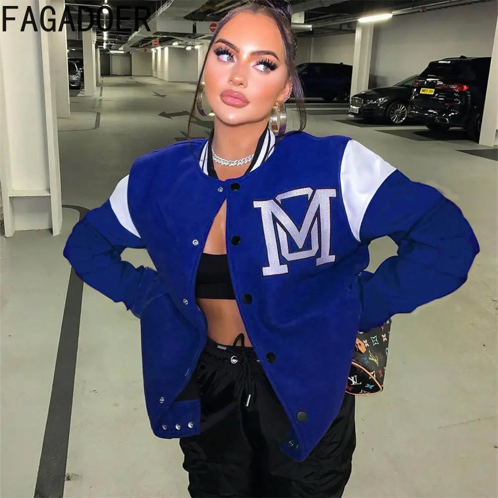 FAGADOER Fashion Streetwear Women Letter Print Patchwork Long Sleeve Coats Fall Winter Button Loose Jackets Female Baseball Top