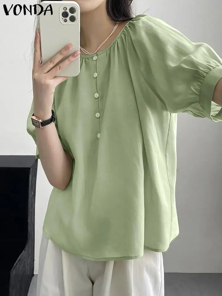 

VONDA Summer Spring Solid Color Shirts 2024 Women Elegant Blouse Fashion Puff Sleeve O Neck Tops Sexy Beach Blusas Oversized