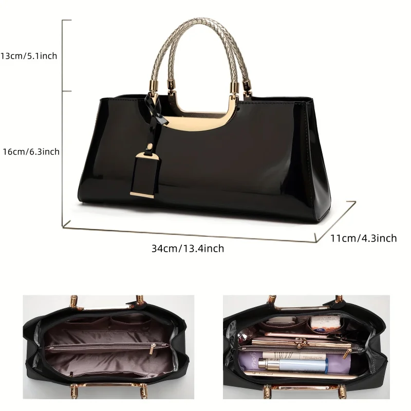 Elegante borsa da sera da donna: borsa a tracolla, borsa a tracolla in pelle PU lucida in pelle verniciata - immagine 4