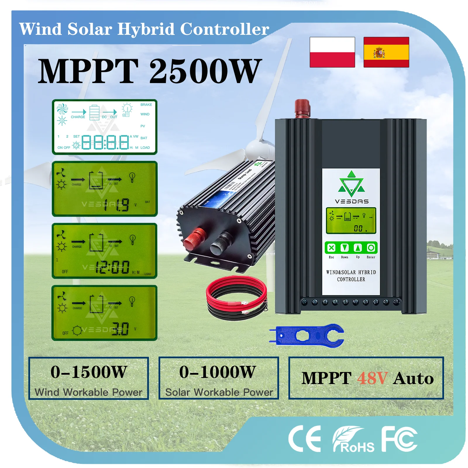 MPPT 2500W 48V Boost & Buck Wind Solar Hybrid Controller Wind 1000W & Solar 1500W Best Heat Dissipation Design with LCD display