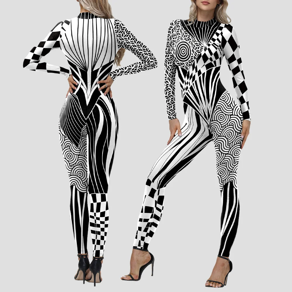 Women Geometric Print Jumpsuit Abstract Pattern Party Catsuit Costume Black and White Optical Illusion Fashion Bodysuit Zawaland