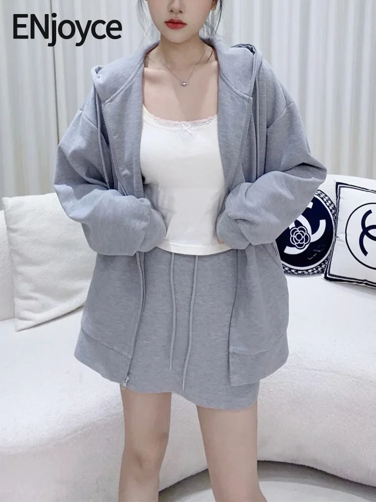

Женский кардиган на молнии ENjoyce, повседневный комплект из двух предметов, корейский стиль, кофта с капюшоном и трапециевидная мини-юбка, для весны и осени