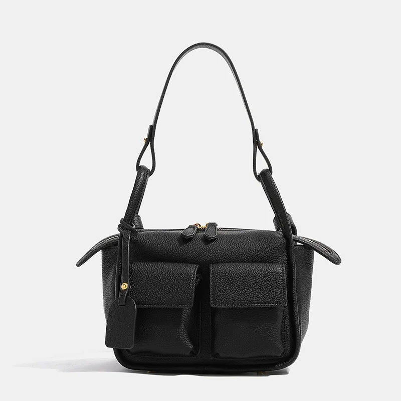 Maxdutti Italian Fashion Leather Bag Candy Color Pocket Bag Women Retro Large Capacity Tote Bag Commuter Leisure Single Shoulder