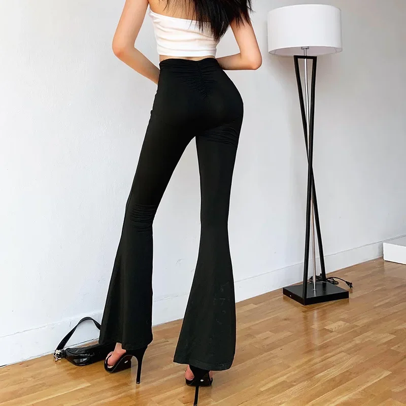 Women 2023 High Waist Skinny Flare Pants All-Match Y2k Black Solid Ruched Back Femme Spring Indie New Slim Fit Stretchy Trousers
