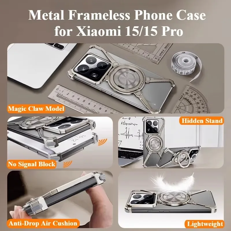Eary Minimalist Phone Case for xiaomi 15 Pro with MagSafe Stand 360° Rotatable Aluminum Metal Frameless Cover Wireless Charging