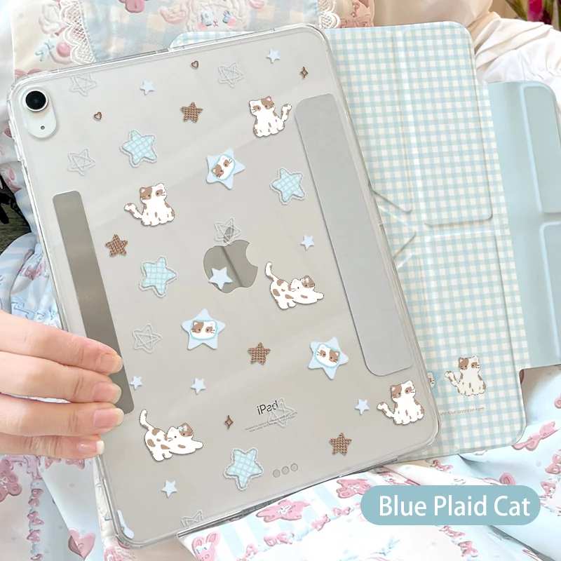 Blue Plaid Cat Magnetic Detachable Tablet Case with Acrylic Shell and PU Cover, Y-Fold Design
