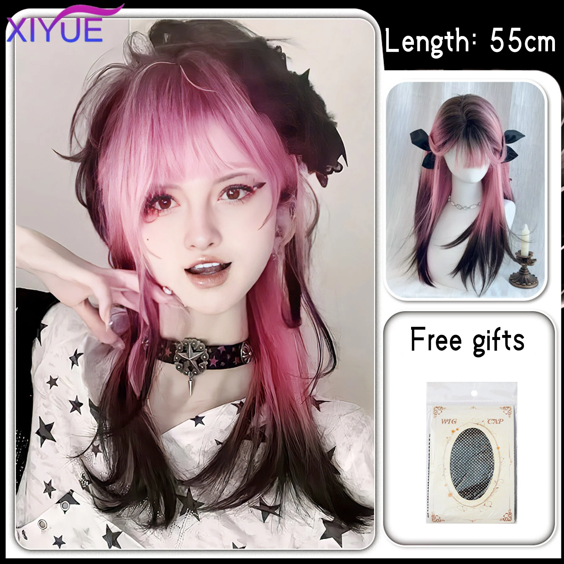 Black Pink Ombre Synthetic Wigs For Cosplay Long Wavy Layered Wigs With Bangs For Women Heat Resistant Fake Hair