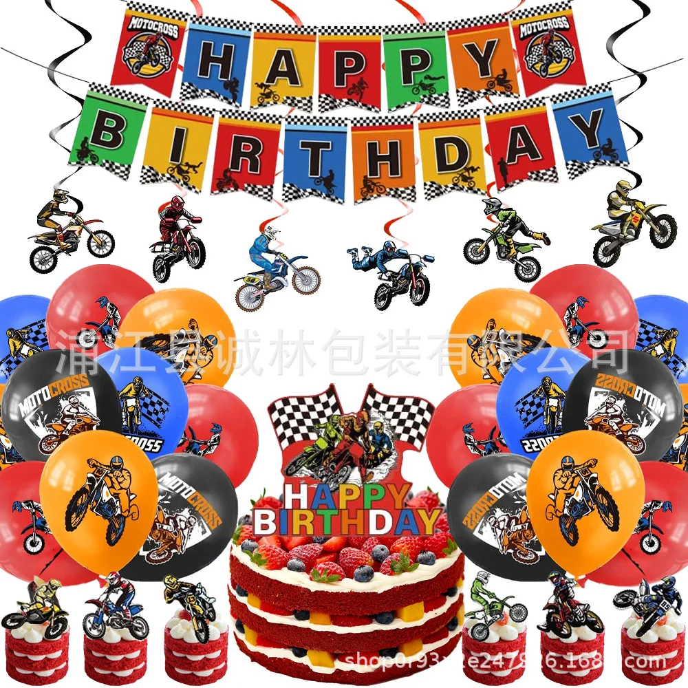 

Dirt Bike Party Decoration Kit Teens Favor Happy Birthday Banner Motorcycle Cake Topper With Swirl Hanging Supplies