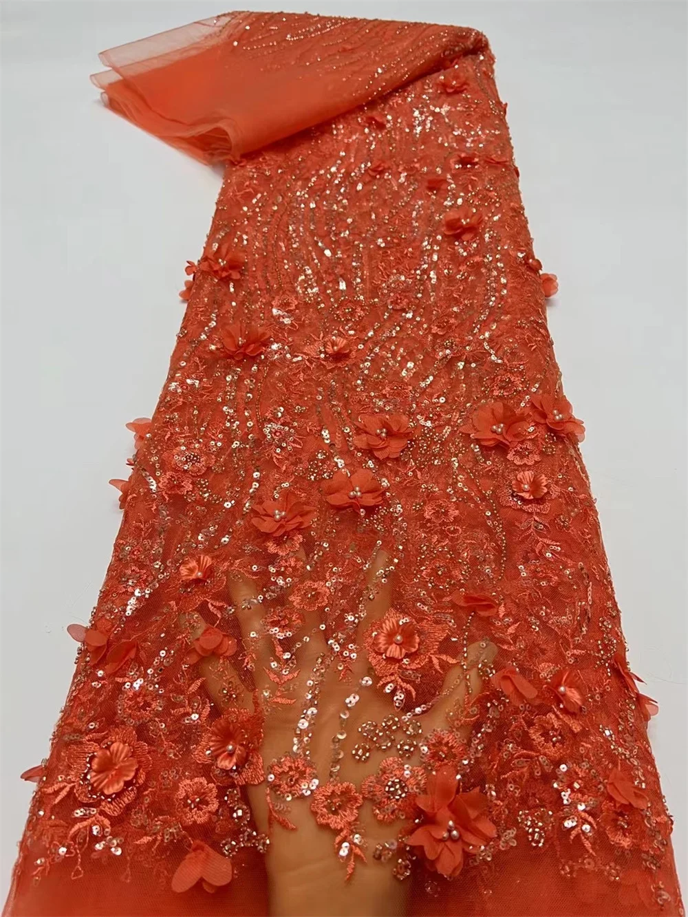 

5 Yards French Lace Fabric Quality 2024 Latest African 3D Flower Lace Fabric Embroidery African Bead Mesh Lace Fabric Dress 46-3