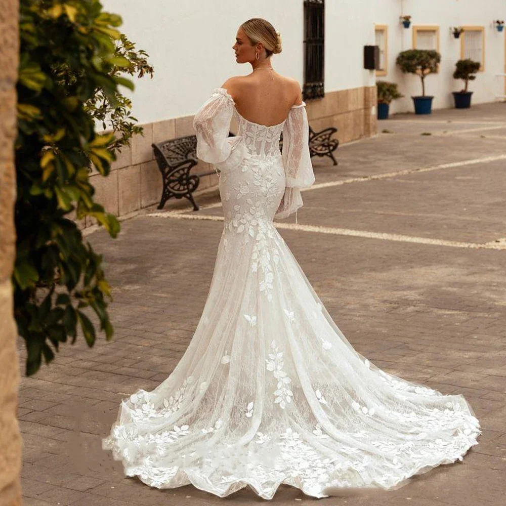 فستان زفاف ساحر على شكل قلب حورية البحر بأكمام طوي...