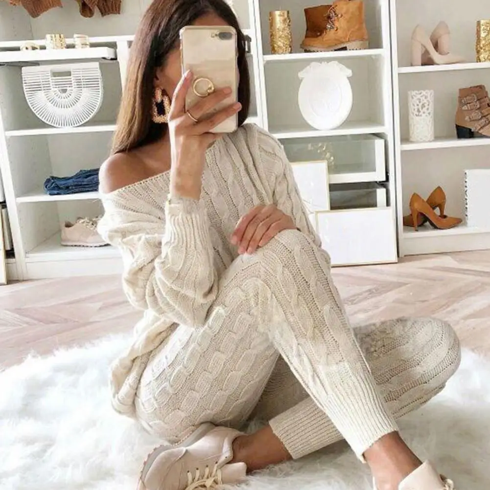 

Stylish Top Pants Set Bottoming Knitted Outfit Long Sleeves Women Elegant Solid Knitting Pullovers Skinny Pants Coldproof