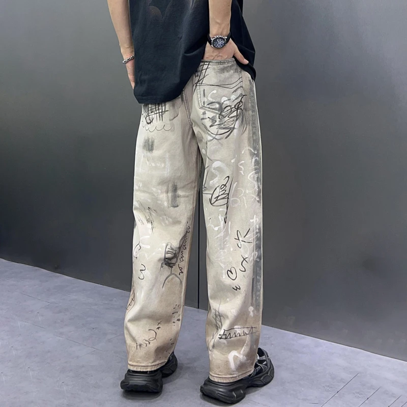 Hip Pop Style Baggy Jeans Wide Leg Pants Casual Graffiti Men's Loosen Jeans Fashion Denim Clothes