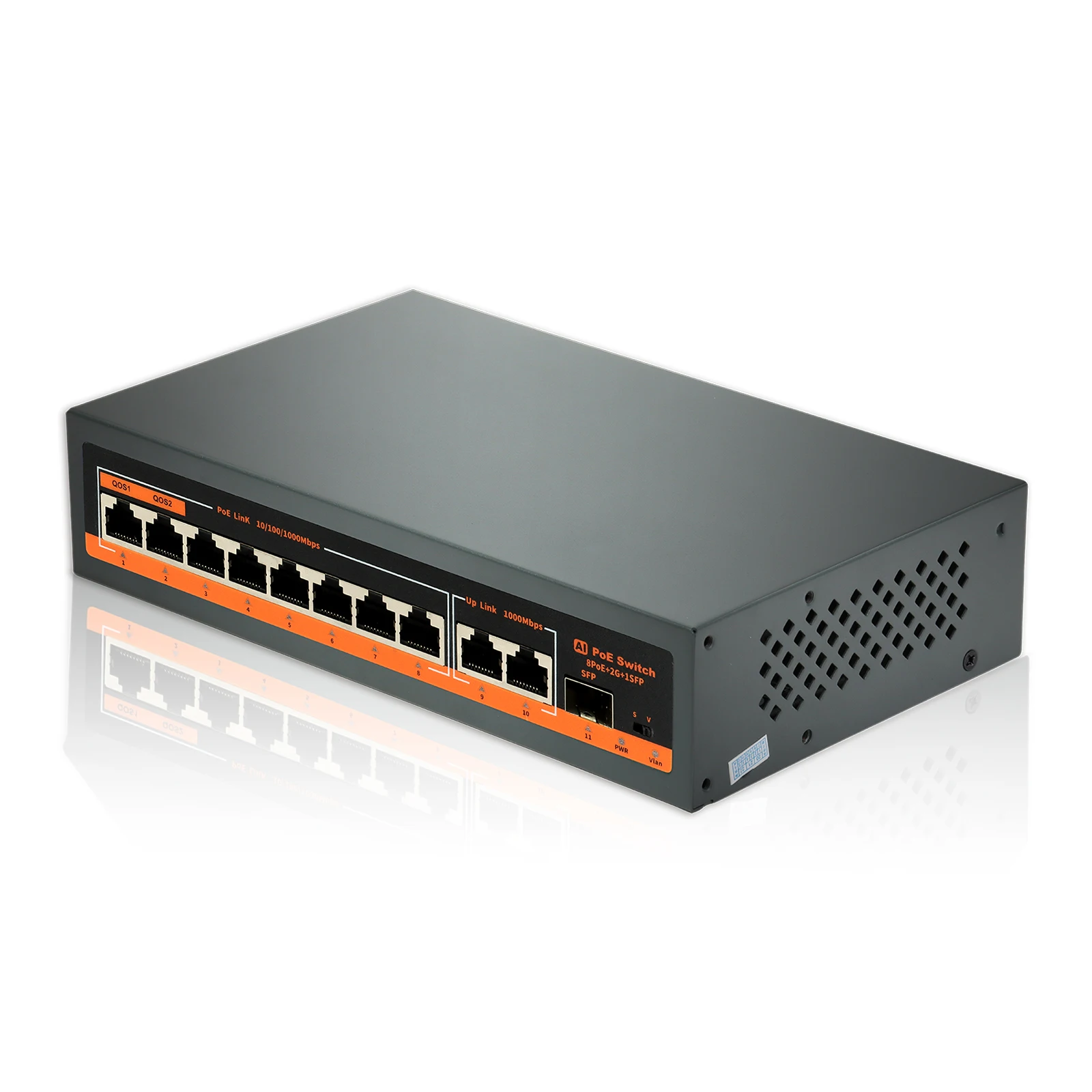 KeepLiNK 8포트 기가비트 PoE+ 스위치 |   120W |   2×1G 업링크 |   1×SFP 포트 |   비관리형 |   플러그 앤 플레이 |   AI 스마트 감지 |   품질보증서비스