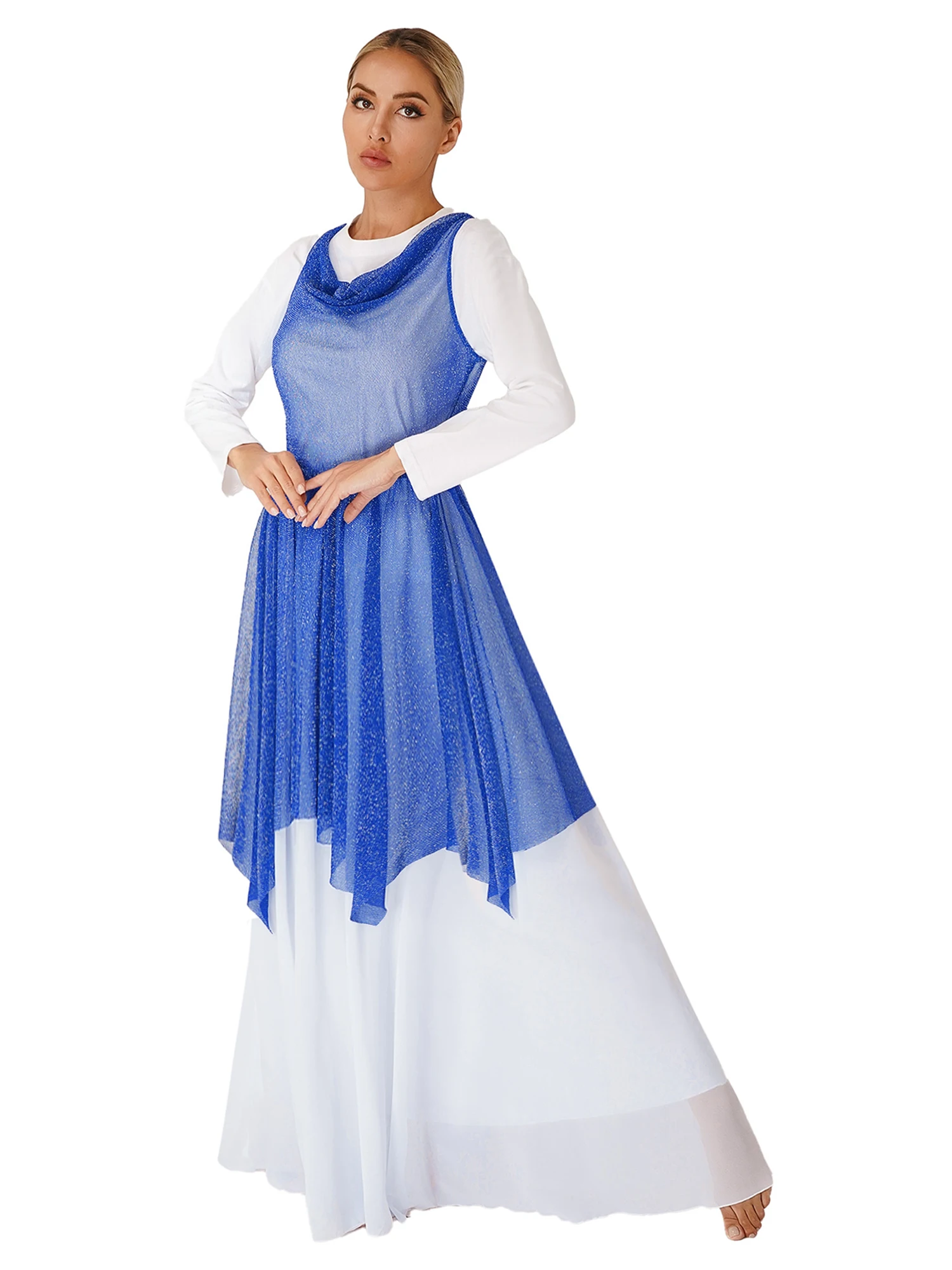 Womens Glittery Sheer Liturgical Worship Dance Dress Ballroom Modern Lyrical Dance Dress Church Choir Performance Costume