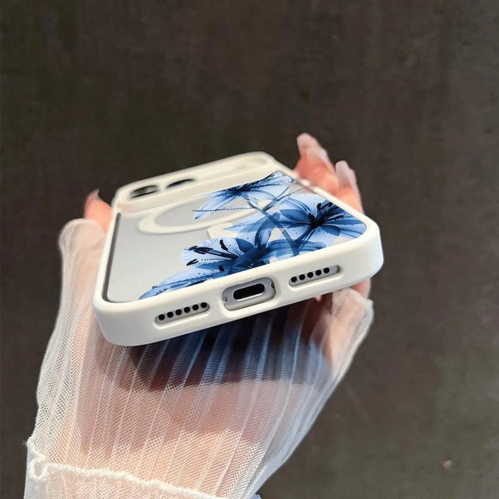 Blue Lily Whisper Transparent Magnetic Matte Phone Case with Large Hole Frame