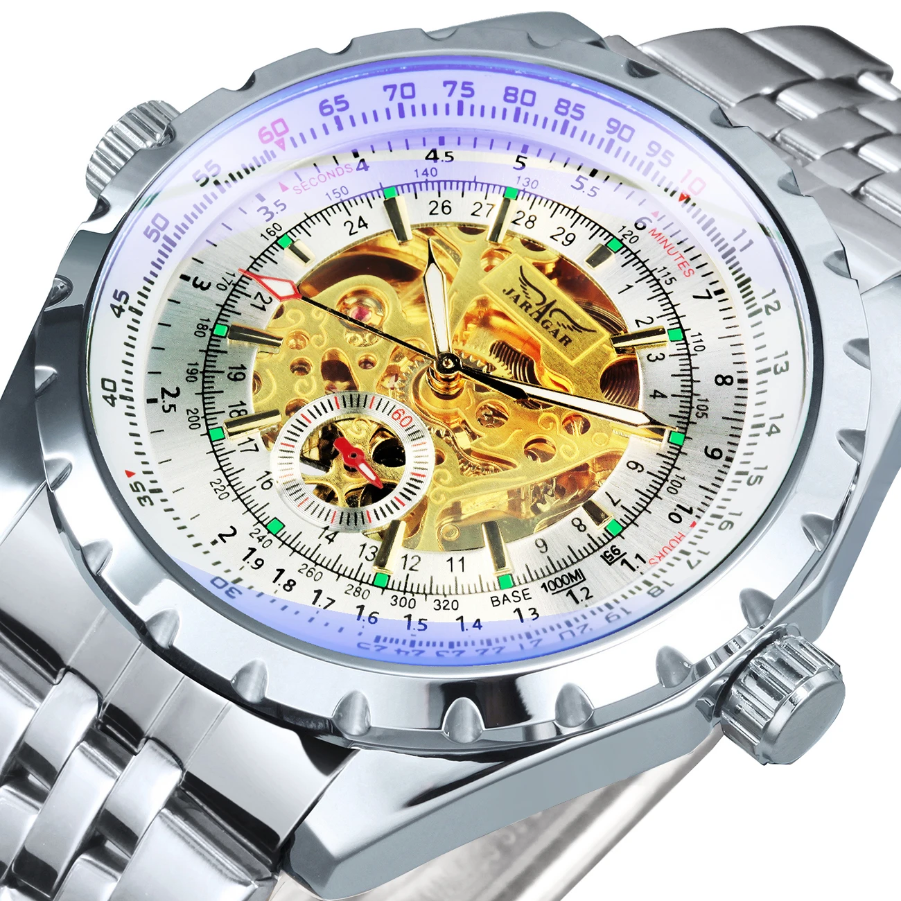 Luxury JARAGAR Men's Skeleton Mechanical Watch with Luminous Hands and Leather-Steel Strap