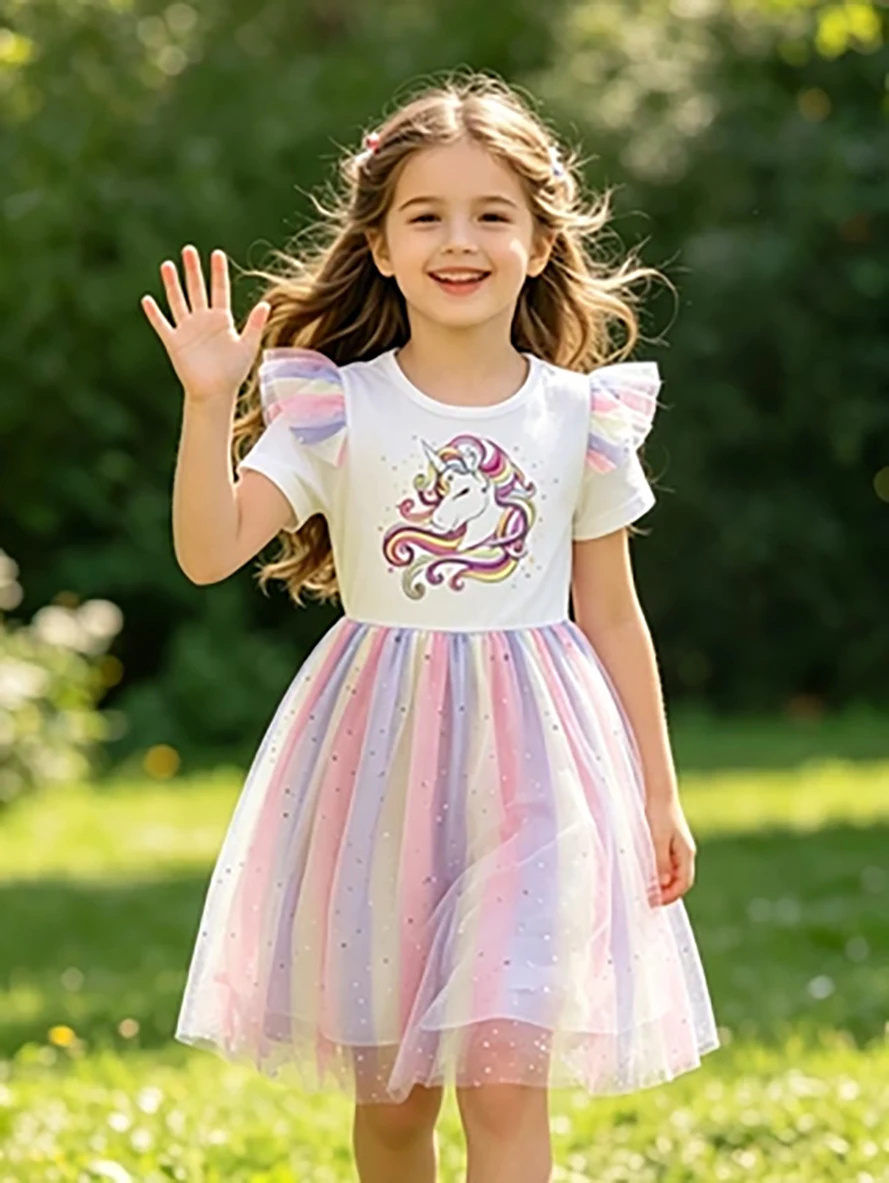 Mädchen-Einhorn-Regenbogen-Tüll-Prinzessinnenkleid, Sommerkleid mit kurzen Flatterärmeln und bauschigem Rock
