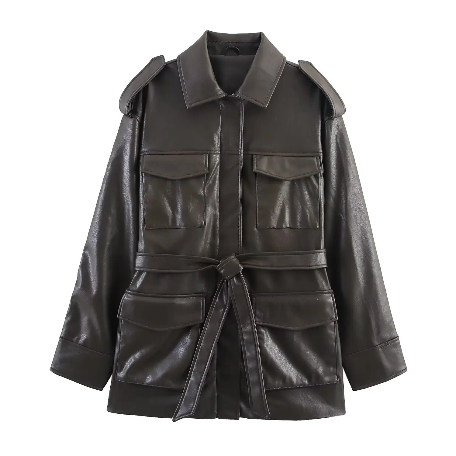 Women Loose casual Leather Jackets Female Turn-Down Collar Pocket With Belt Coat Lady Autumn Winter Elegant Outwear Streetwear