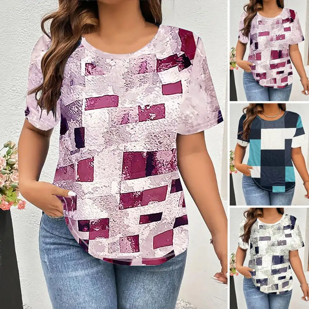 Elastic Women Top Stylish Women's Summer Shirt Collection O-neck Loose Fit Blouse Square Printing Casual Tee for Work