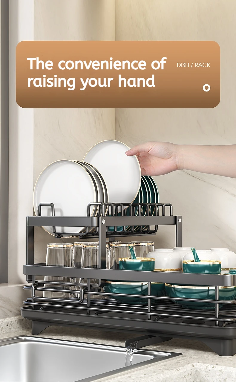 Adjustable Stainless Steel Dish Drying Rack with Drainboard - Over Sink Plate Organizer