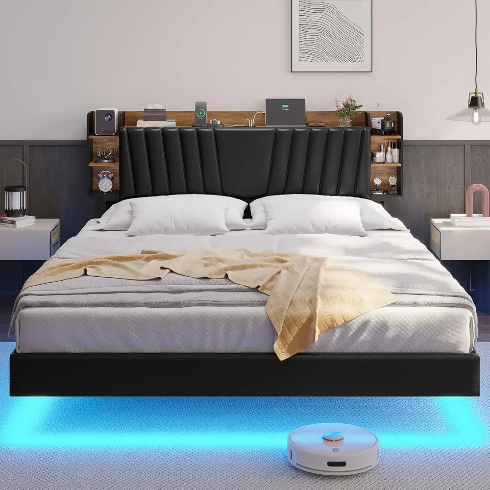 California King Size Bed Frame with Hidden Storage Headboard and Charging Station Cal King Size Visual Floating Platform Bed 3